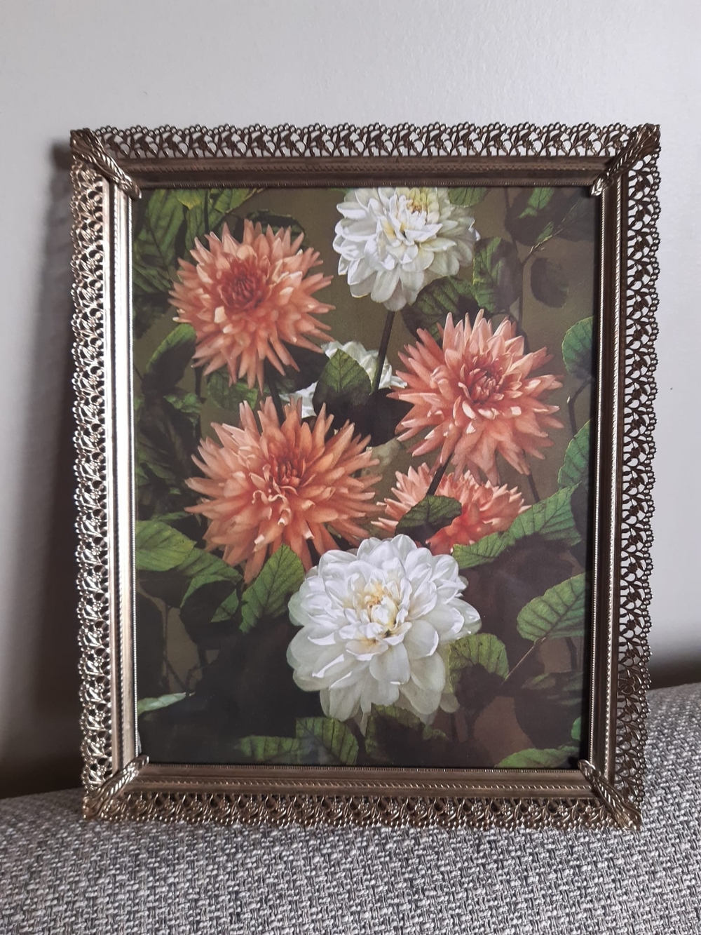 Vintage Floral Art Print in Gold Frame - Peach and White
